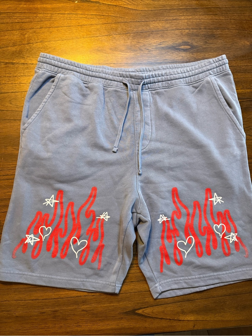 Men's Gray Athletic Drawstring Shorts with Red Flame Design